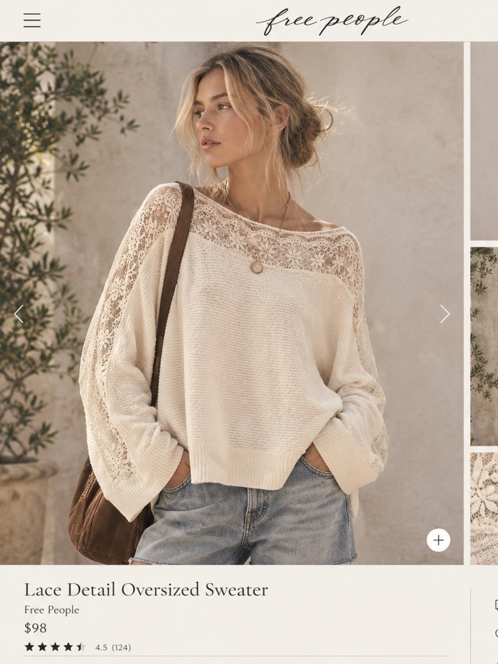 Free People Ivory Lace-Trim Off-the-Shoulder Knit Sweater